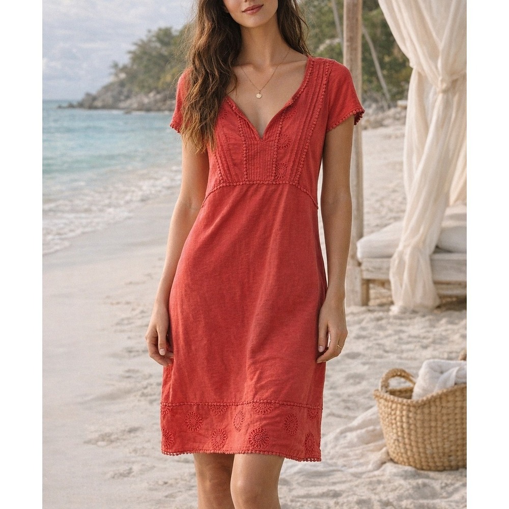 Boden Clio 100% Cotton Broderie Sz 6‎ R Red Cotton Knee Length Eyelet Dress